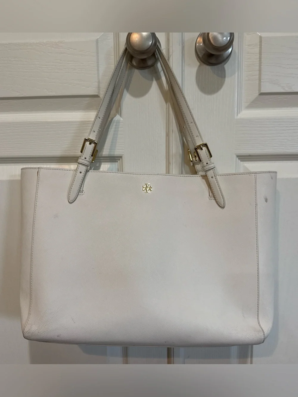 Tory Burch White Leather Saffiano Leather Tote Bag